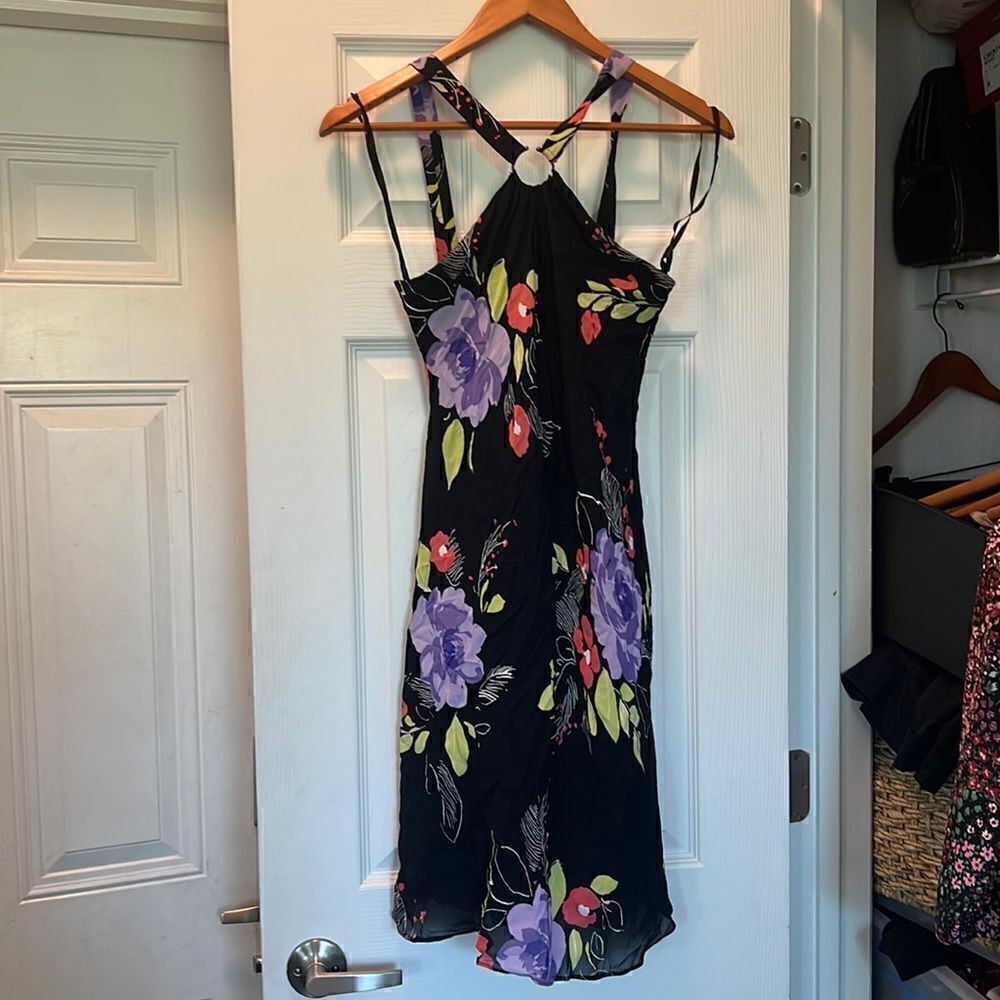 Floral Black Dress - Halter , Back Zip Dress - Worn Once - Petite 6